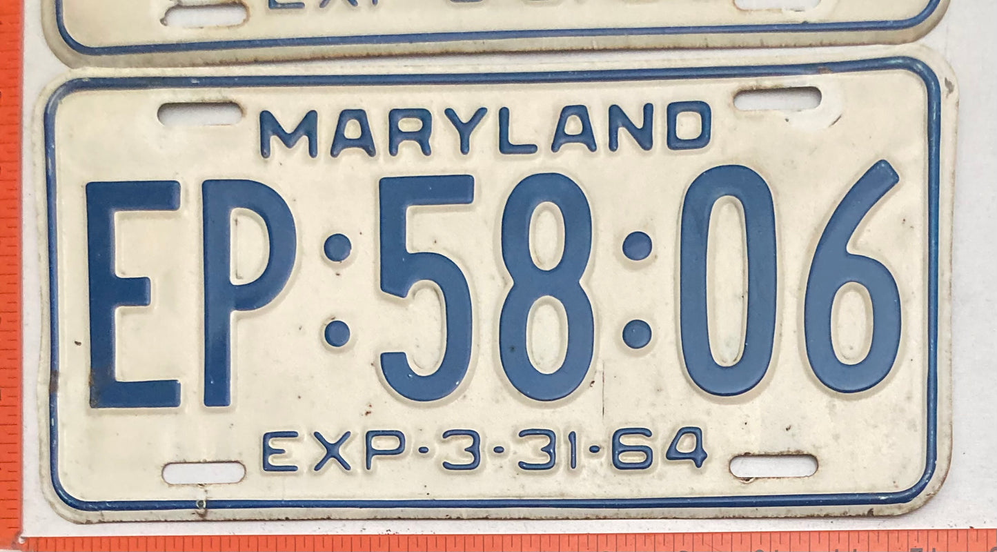 1964 Maryland #EP:58:06 Passenger License Plate (Pair)