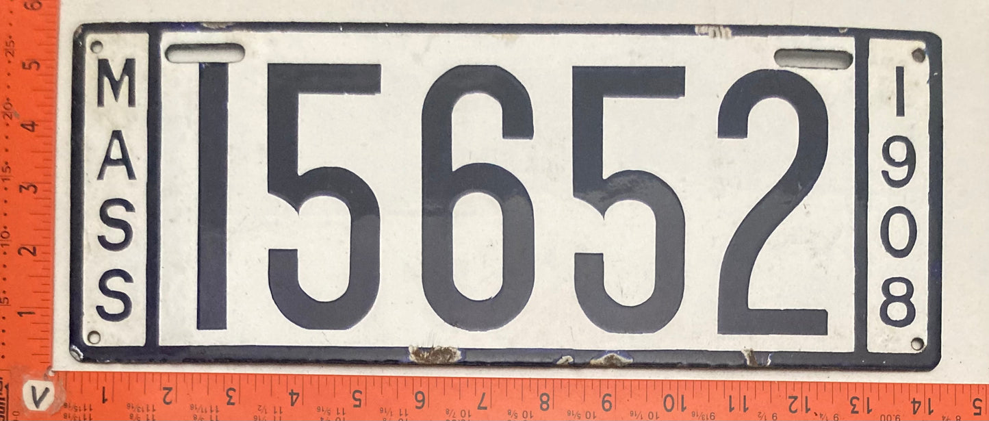 1908 Massachusetts #15652 Passenger License Plate (Porcelain)