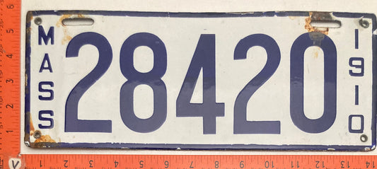 1910 Massachusetts #28420 Passenger License Plate (Porcelain)