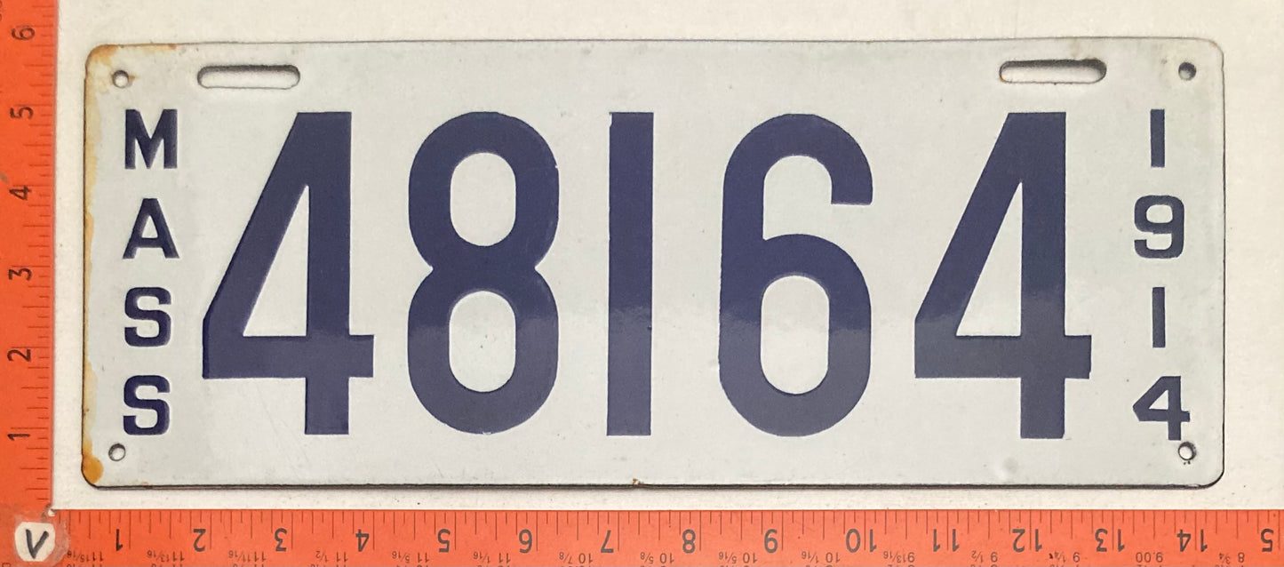 1914 Massachusetts #48164 Passenger License Plate (Porcelain)