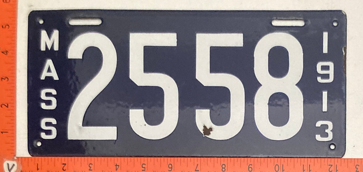 1913 Massachusetts #2558 Passenger License Plate (Porcelain)