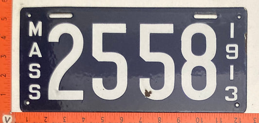 1913 Massachusetts #2558 Passenger License Plate (Porcelain)
