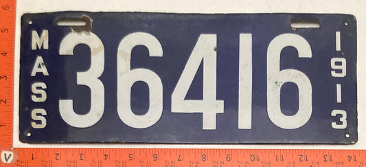 1913 Massachusetts #36416 Passenger License Plate (Porcelain)