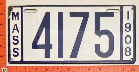 1908 Massachusetts #4175 Passenger License Plate (Porcelain)