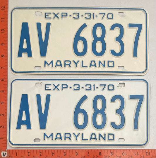 1970 Maryland #AV 6837 Passenger License Plate PAIR