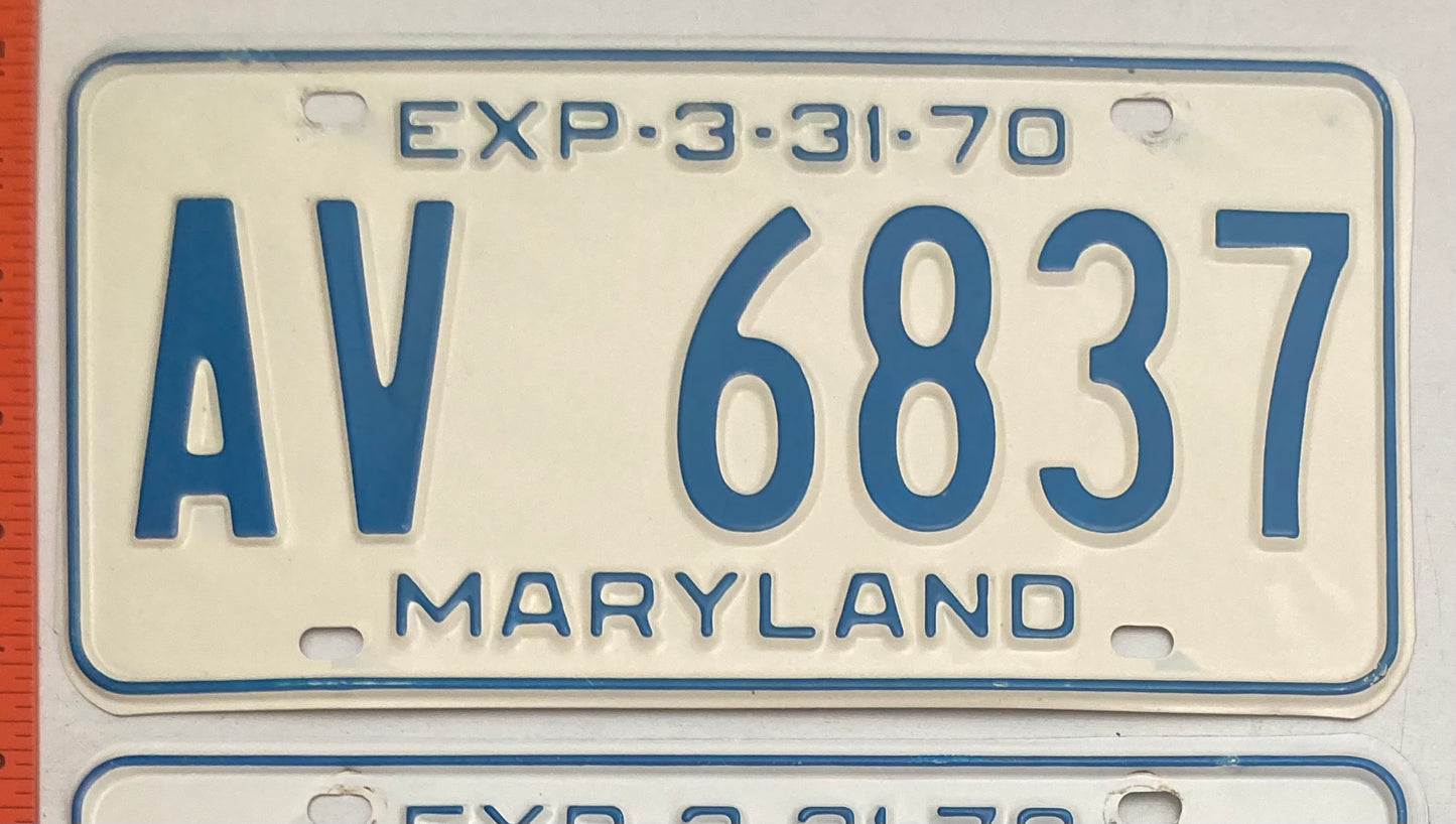 1970 Maryland #AV 6837 Passenger License Plate PAIR