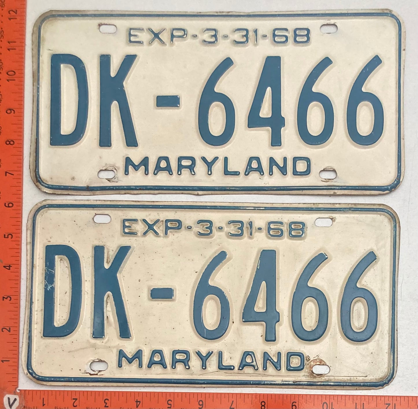 1968 Maryland #DK-6466 Passenger License Plate PAIR