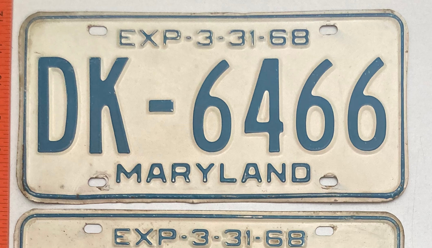 1968 Maryland #DK-6466 Passenger License Plate PAIR