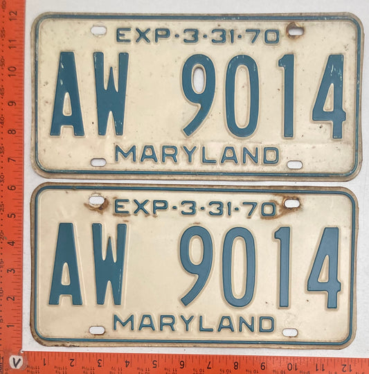 1970 Maryland #AW 9014 Passenger License Plate PAIR