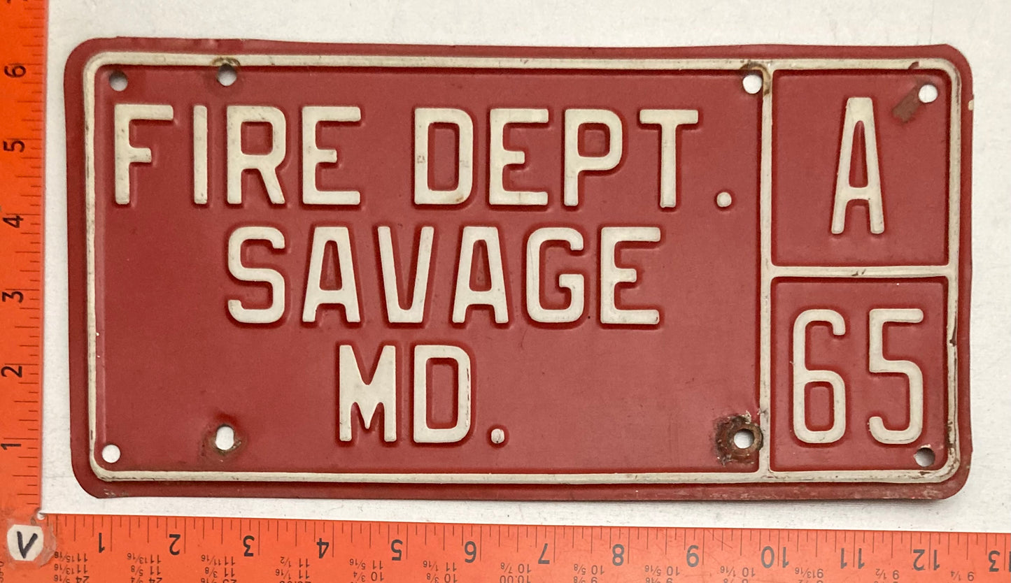 Undated Maryland #A 65 FIRE DEPT SAVAGE, MD License Plate