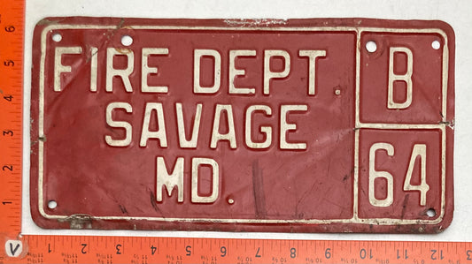 Undated Maryland #B 64 FIRE DEPT SAVAGE, MD License Plate