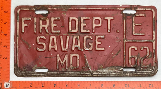 Undated Maryland #E 62 FIRE DEPT SAVAGE, MD License Plate