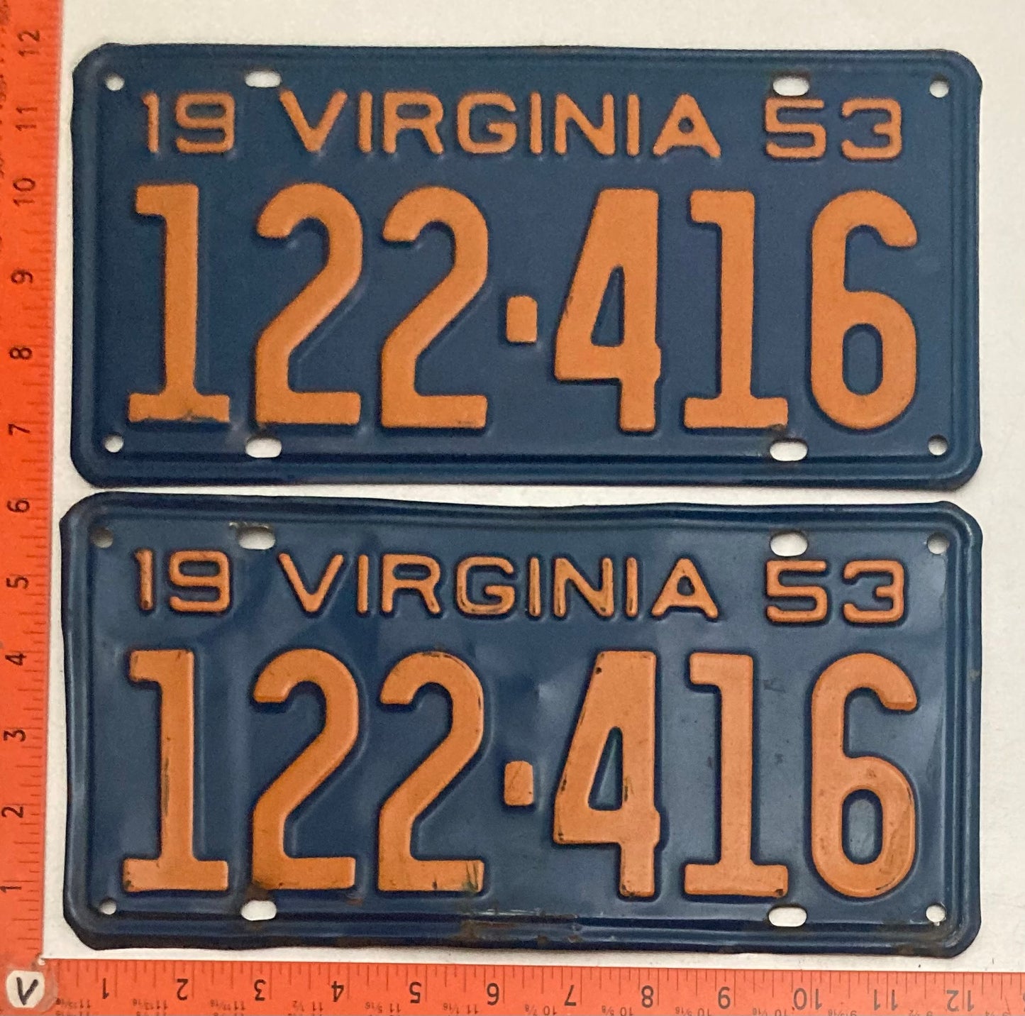 1953 Virginia #122-416 Passenger License Plate PAIR