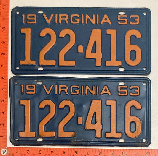 1953 Virginia #122-416 Passenger License Plate PAIR
