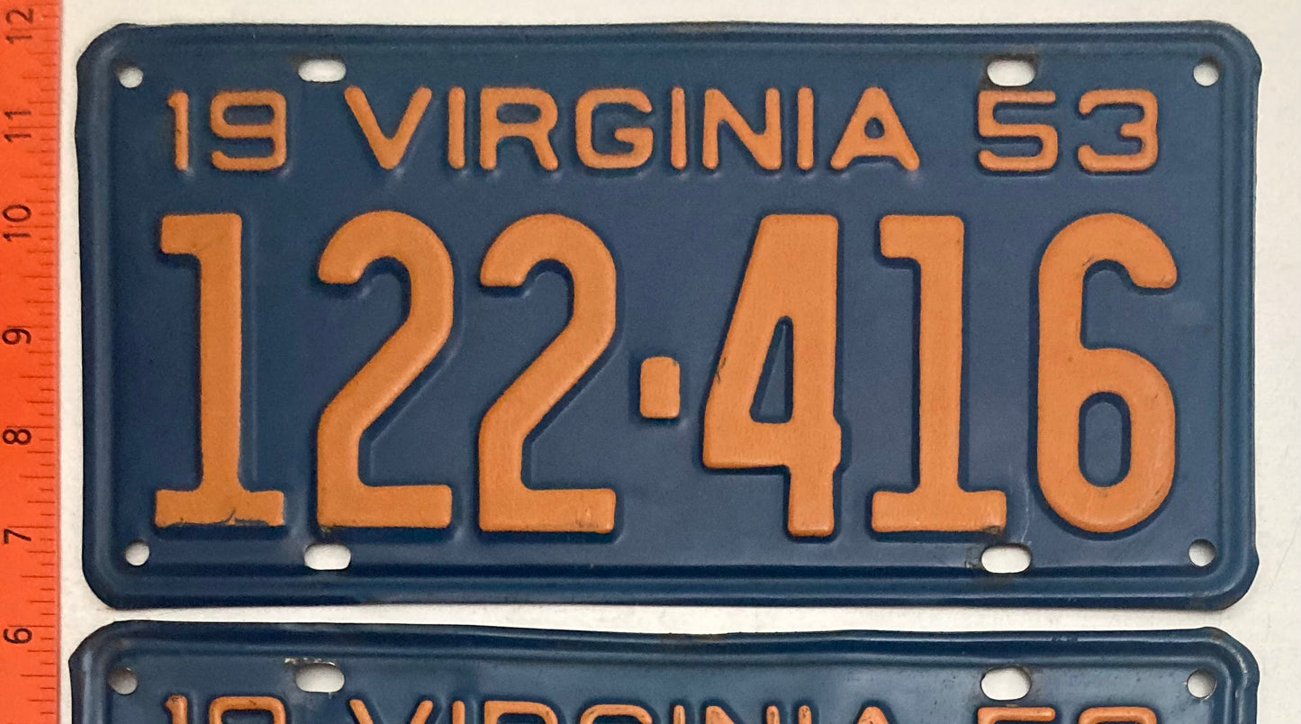 1953 Virginia #122-416 Passenger License Plate PAIR