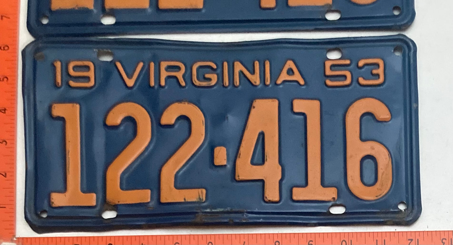 1953 Virginia #122-416 Passenger License Plate PAIR