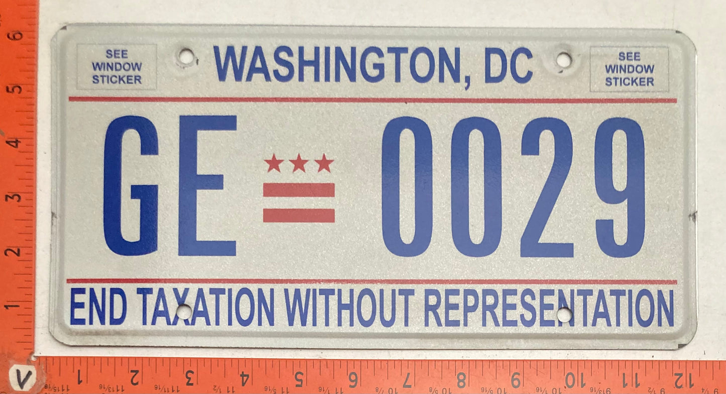 Undated Washington, DC #GE 0029 Passenger License Plate