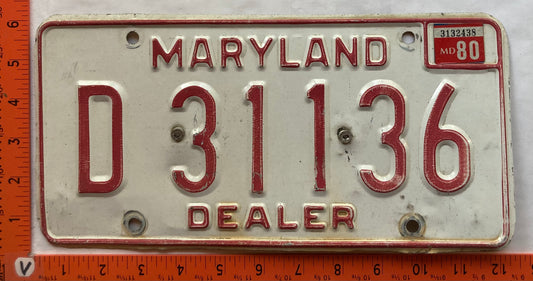 1980 Maryland #D 31136 Dealer License Plate