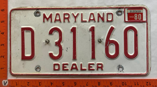 1980 Maryland #D 31160 Dealer License Plate