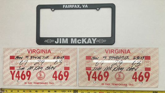 2003 Virginia #Y469 469 Temporary License Plate (Pair) & Jim McKay  Chevrolet frame