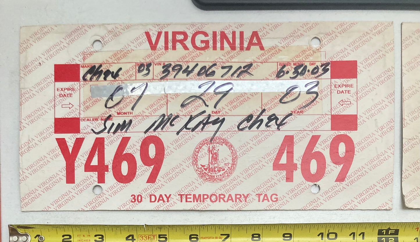 2003 Virginia #Y469 469 Temporary License Plate (Pair) & Jim McKay  Chevrolet frame