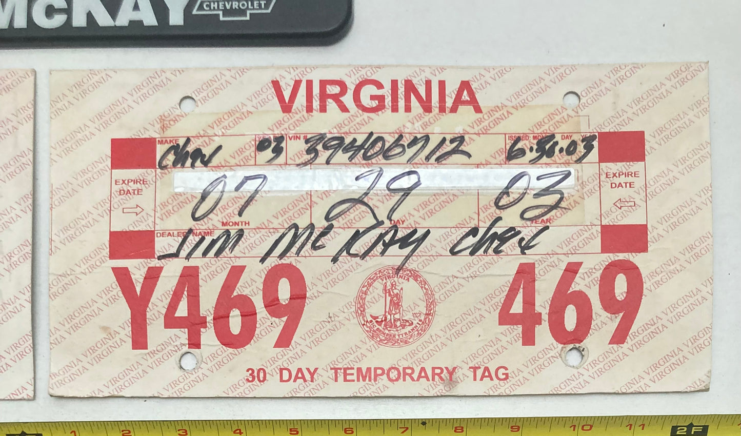 2003 Virginia #Y469 469 Temporary License Plate (Pair) & Jim McKay  Chevrolet frame