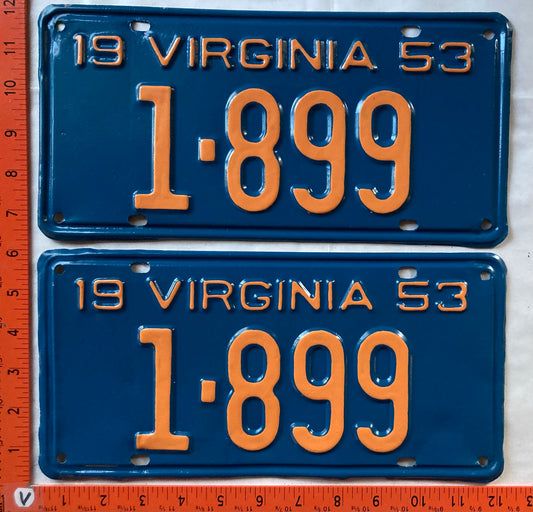 1953 Virginia #1-899 Passenger License Plate (Pair) (Repaint)