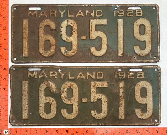 1928 Maryland #169-519 Passenger License Plate PAIR