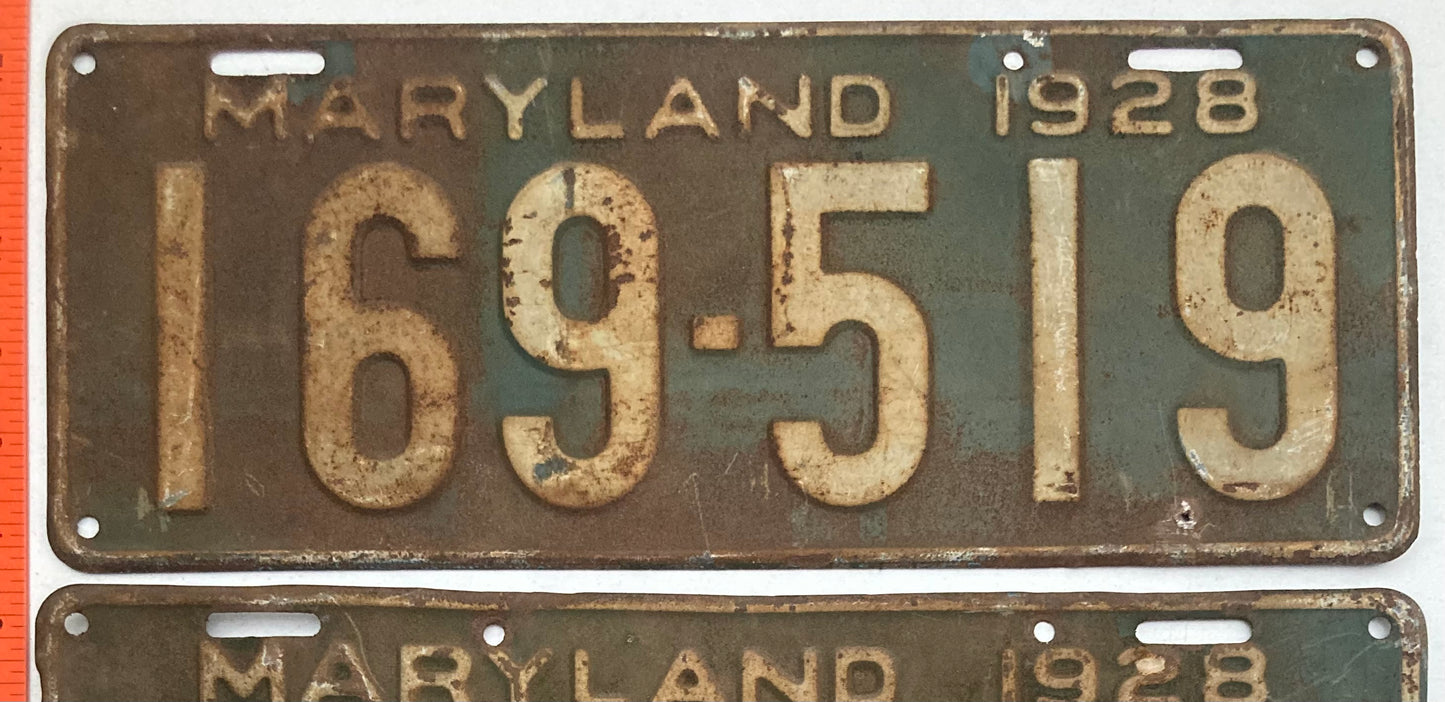 1928 Maryland #169-519 Passenger License Plate PAIR