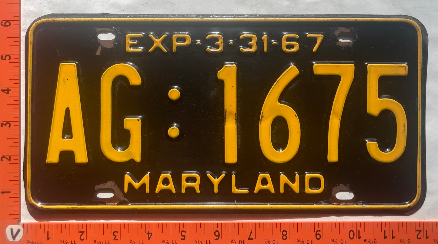 1967 Maryland #AG:1675 Passenger License Plate
