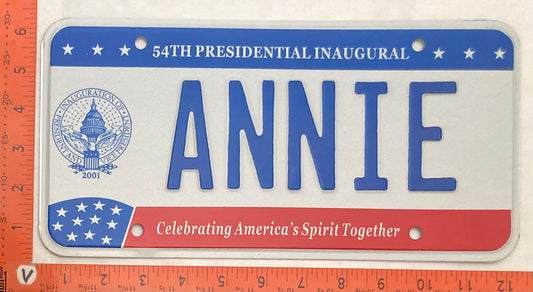 2001 Washington, DC #ANNIE Presidential Inaugural Passenger License Plate (Vanity)