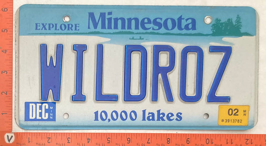 2002 Minnesota #WILDROZ Passenger License Plate (Vanity)