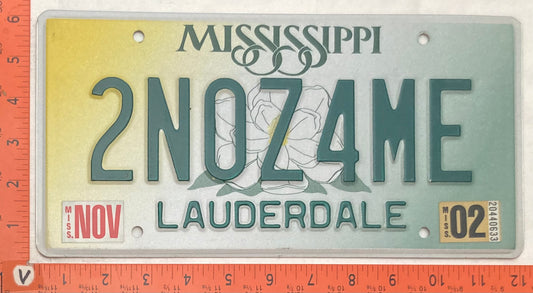 2002 Mississippi #2NOZ4ME Passenger License Plate (Vanity)