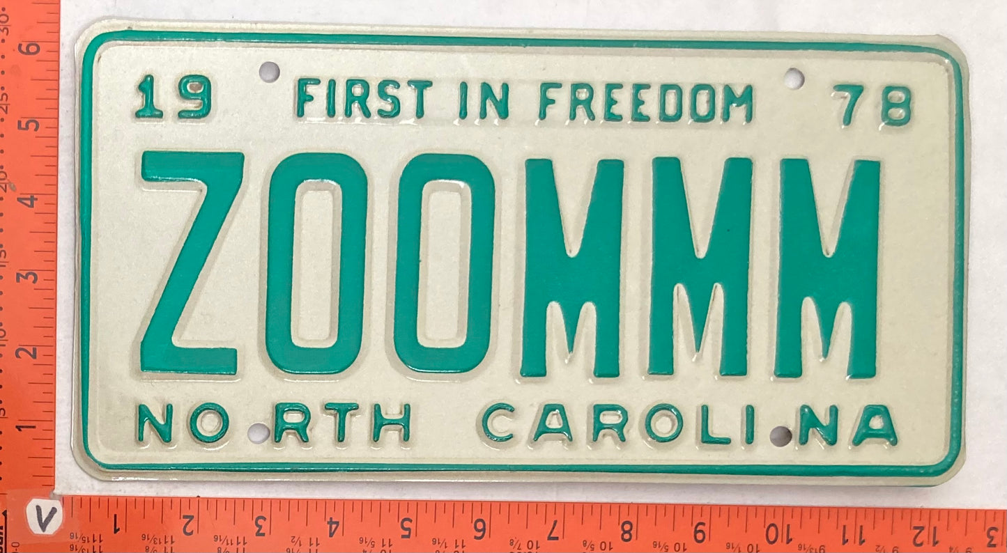 1978 North Carolina #ZOOMMM Passenger License Plate