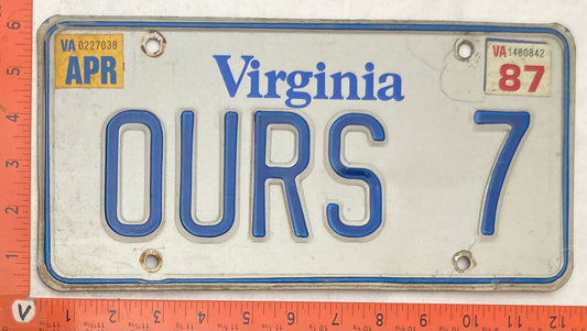 1987 Virginia #OURS 7 Passenger License Plate