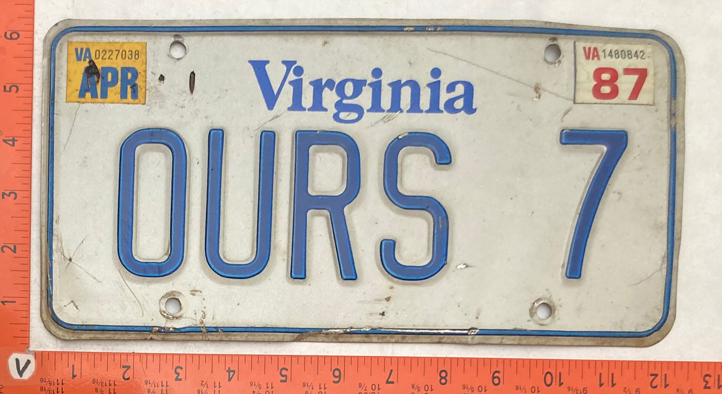 1987 Virginia #OURS 7 Passenger License Plate