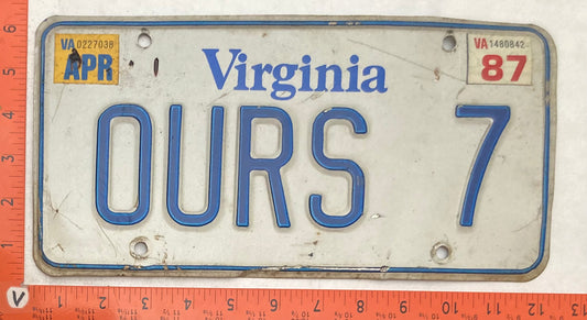 1987 Virginia #OURS 7 Passenger License Plate
