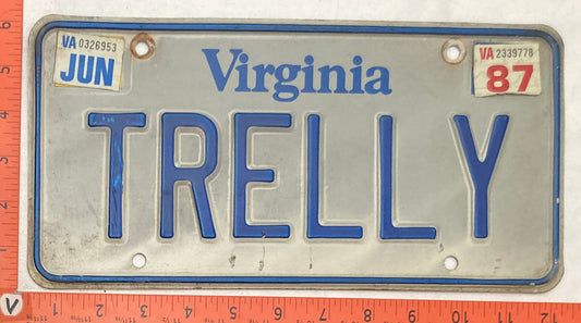 1987 Virginia #TRELLY Passenger License Plate