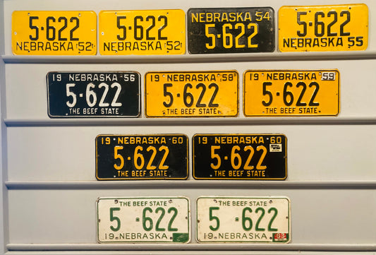 1952, 1954, 1955, 1956, 1958, 1959, 1960, 1961, 1962 & 1963 Nebraska #5-622 Passenger License Plates