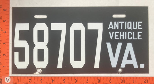 Undated Virginia #58707 Passenger License Plate (Antique Vehicle)