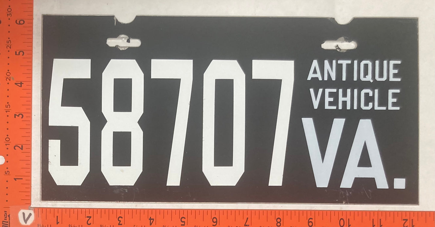 Undated Virginia #58707 Passenger License Plate (Antique Vehicle)