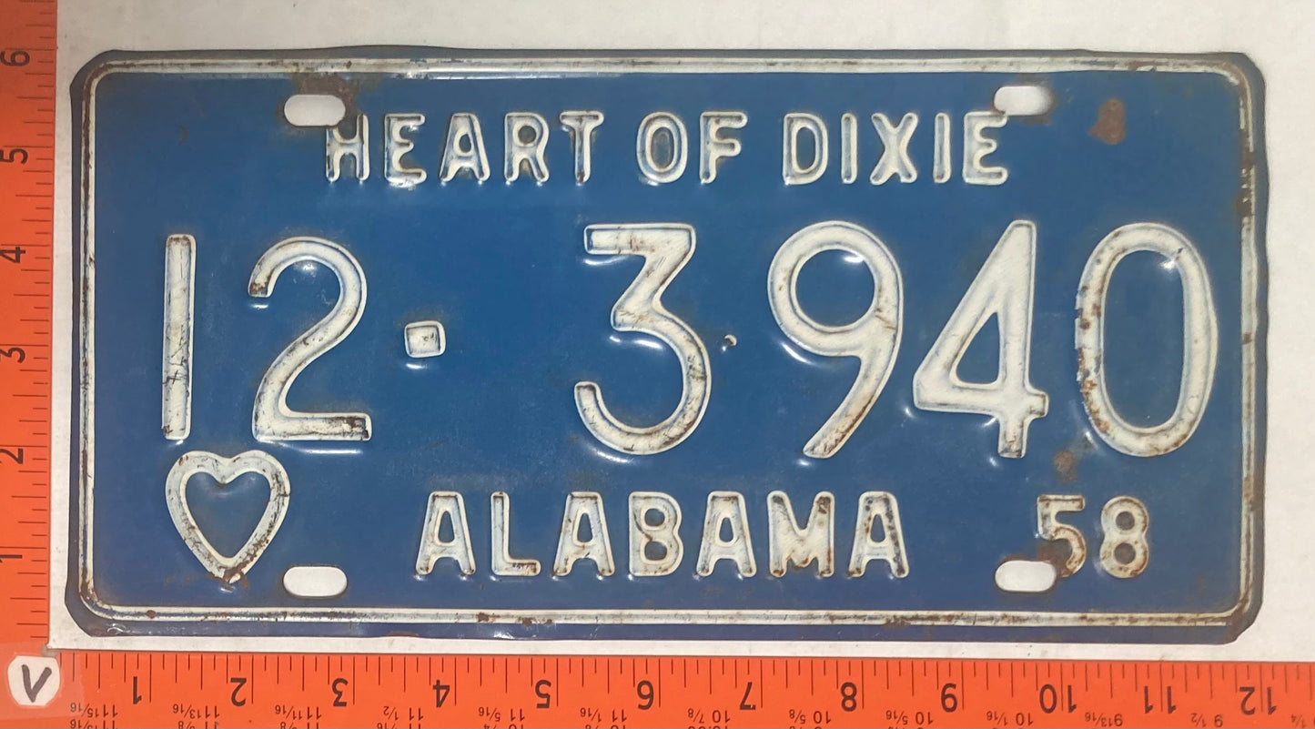 1958 Alabama #12-3940 Passenger License Plate