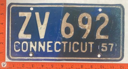 1957 Connecticut #ZV 692 Passenger License Plate