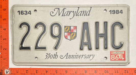 1986 Maryland #229 AHC 350th Anniversary Optional  License Plate