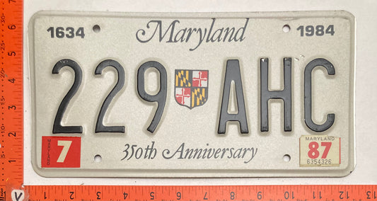 1987 Maryland #229 AHC 350th Anniversary Optional  License Plate