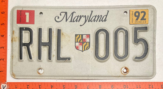 1992 Maryland #RHL 005 Passenger License Plate