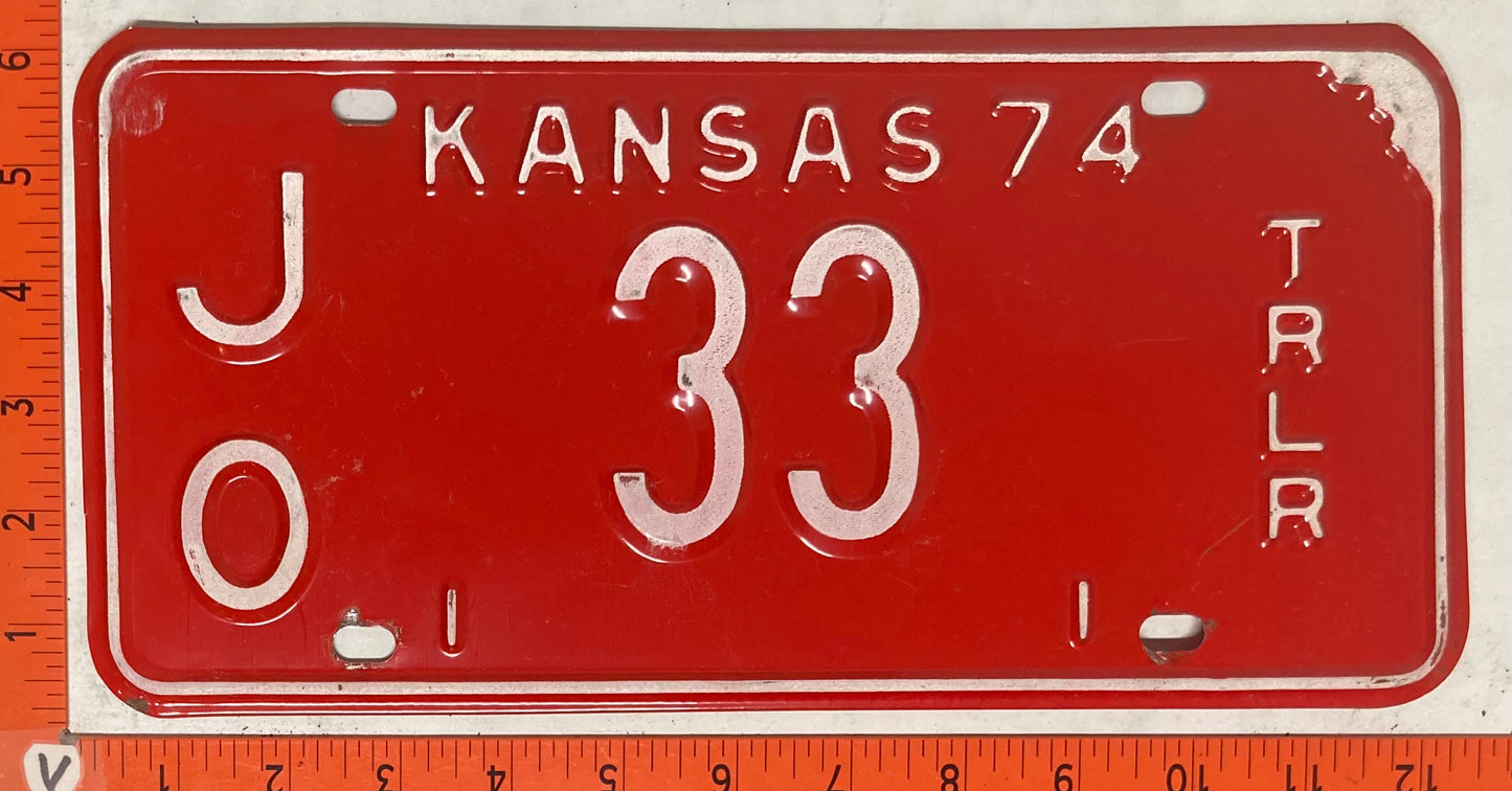 1974 Kansas #J/O 33 Trailer License Plate