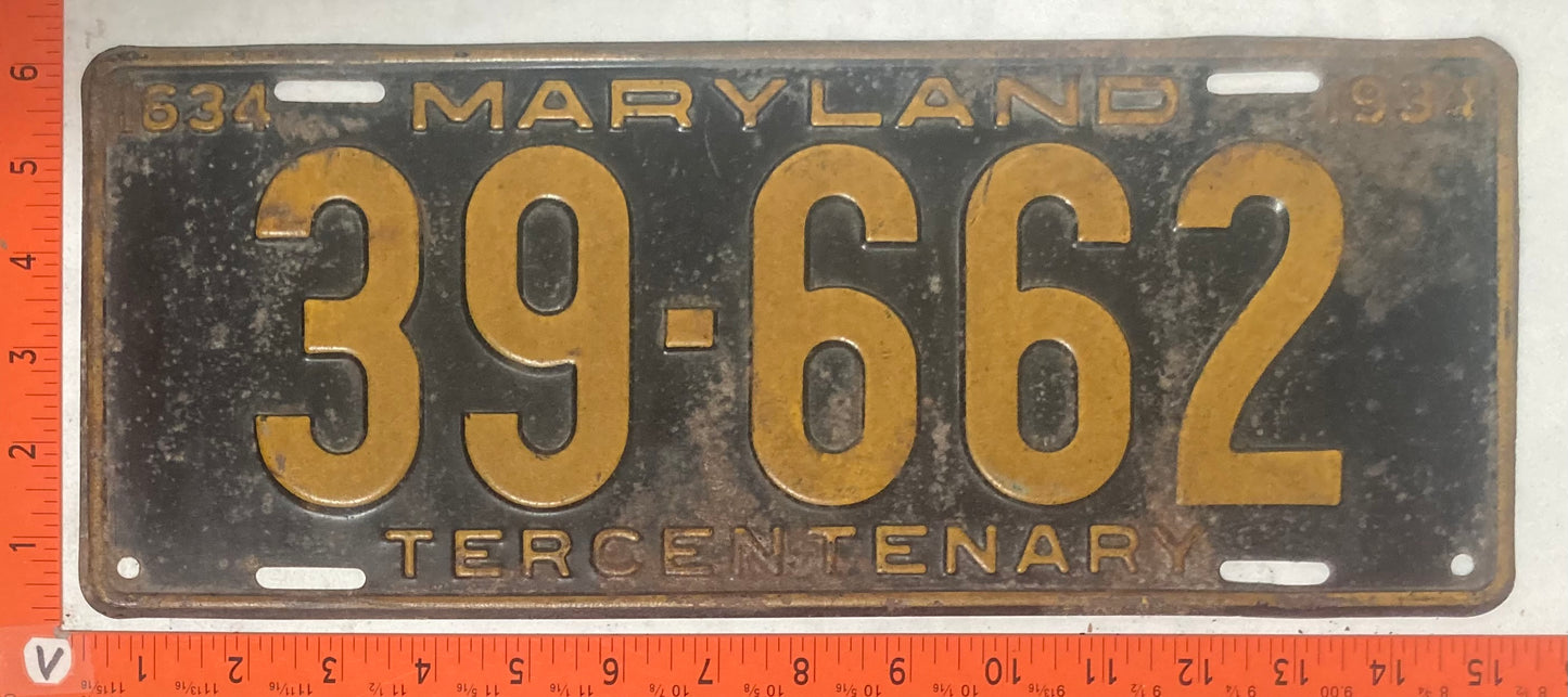 1934 Maryland #39-662 Passenger License Plate