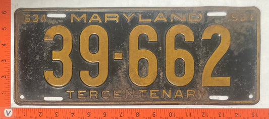 1934 Maryland #39-662 Passenger License Plate