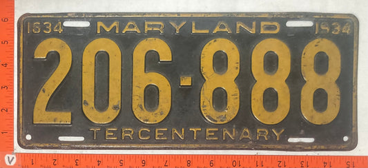 1934 Maryland #206-888 Passenger License Plate